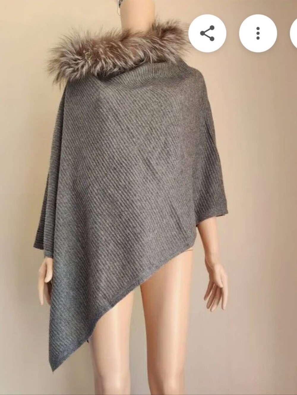Natural Fox Trim Cashmere/Wool Blend Poncho - Gray, NWT